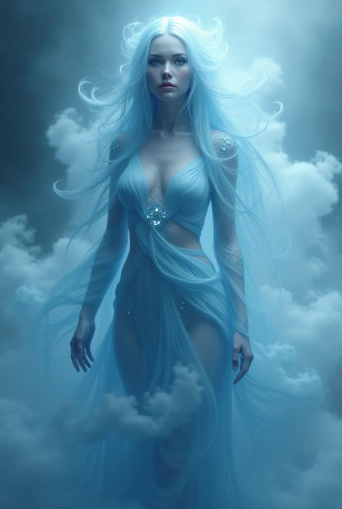 Mist Goddess of Piscara, lady of dreams and the depths of the unconscious. She guides mortals through visions and intuitions helping them find the truth.. Cloud clothes. Celestial azul. eye white 