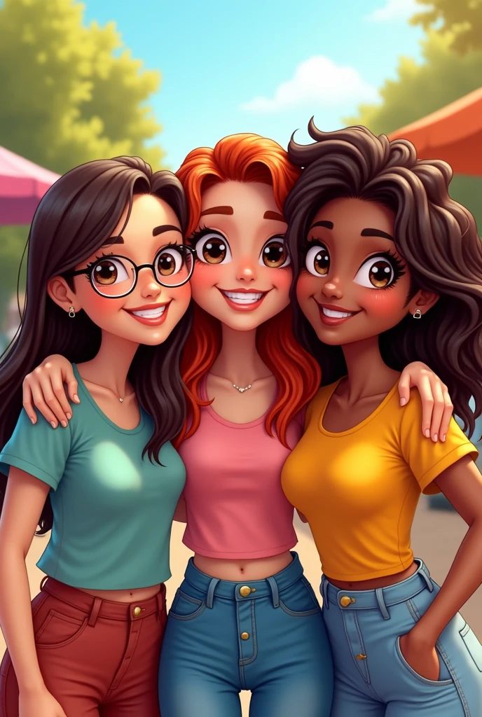 3 friends cartoon version, taking a happy photo together, A Chinese woman with long straight chocolate hair and glasses and brown eyes, The other is Latina, she has dark red hair that is wavy to her shoulders and brown eyes. The other is also Latina and has somewhat dark skin and long, messy wavy hair. Her hair is chocolate-colored with red streaks at the bottom of her hair.
