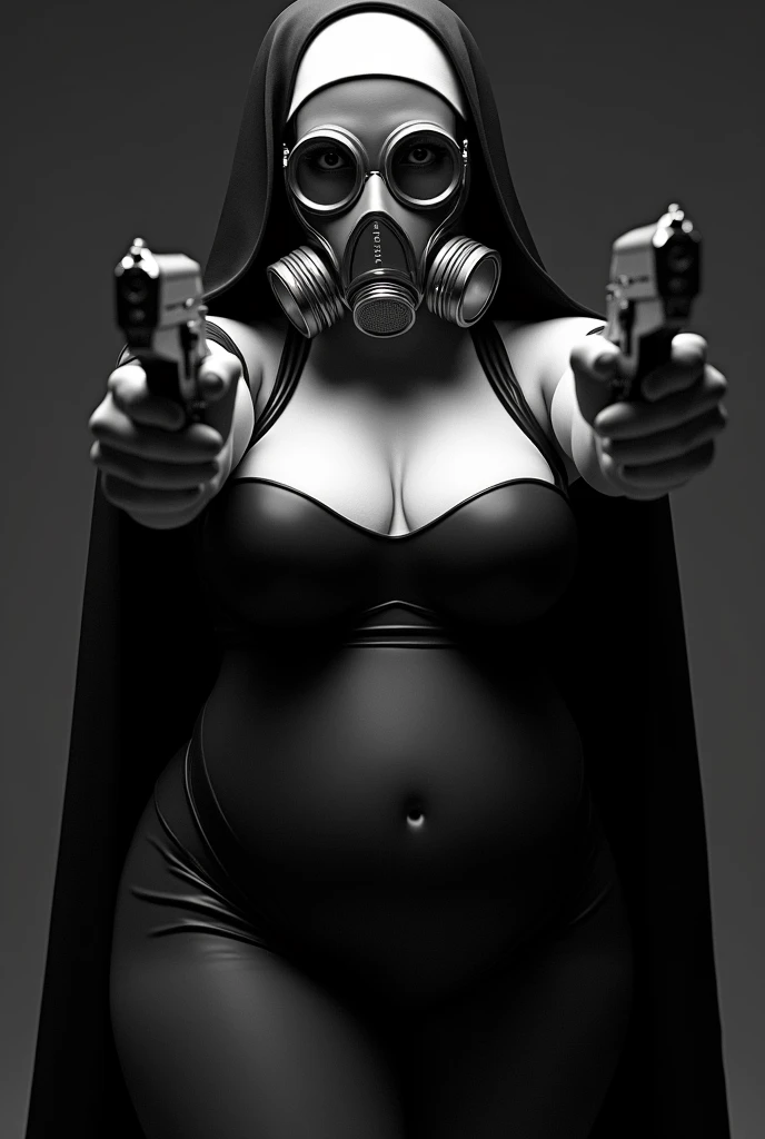 Sexy big breasted nun using two guns in each hand and wearing a gas mask in black and white