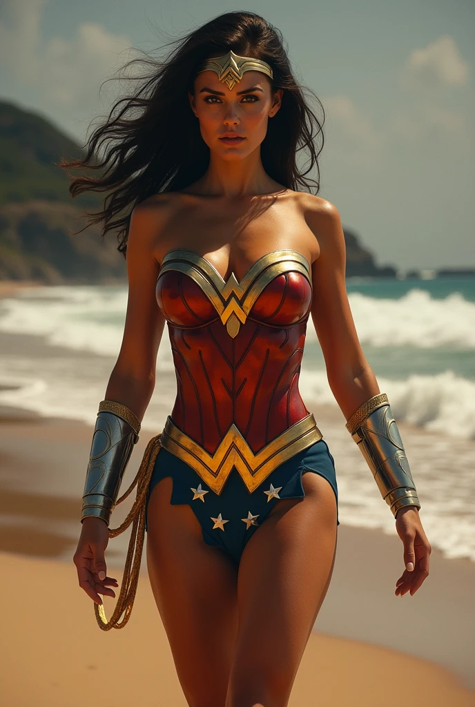 Wonder Woman completely naked, spreading her legs, showing her pussy, big breast, big thighs, nipples, pussy
