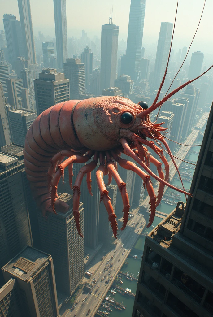 Giant shrimp on its side in a city