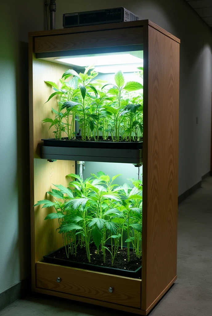 Dimensions: A cabinet for 19 plants can have approximate dimensions of 2m high, 1.5m wide and 1.5m deep. This gives you enough space for plants and equipment..
Materials: You can use plywood or MDF to build the frame.. Both are inexpensive and easy to work with.. Alternatively, A metal frame with plastic panels or reflective canvas can be lighter and stronger..
2. Solar Energy Solar Panels: You will need a solar panel system capable of generating the energy needed for lighting systems., ventilation and irrigation. A 300-500W system may be sufficient, depending on the efficiency of the equipment.
Batteries: A solar battery (around 100Ah) to store the energy generated during the day.
Charge Controller: To protect the battery and electrical systems.
Investor: If the equipment operates with alternating current (AC), you will need an inverter to convert the DC current (DC) from batteries to AC.
3. Automatic Lighting LED Lights: Full spectrum LED lights are efficient and produce less heat. You will need several lamps depending on the size of the closet.. Calculate about 50W per plant.
temporizador Automático: A programmable digital timer that controls the lights according to the phases of plant growth (For example, 18 hours of light for vegetation and 12 hours for flowering).
4. Automatic Ventilation Fans: Install exhaust fans and internal fans to move air. A 6-inch fan for extraction and smaller fans for internal circulation can work well..
termostato: A digital thermostat connected to the extraction fan to automatically turn it on if the temperature inside the cabinet exceeds a predetermined range (For example, 26-28°C).
5. Automatic Irrigation System Water Pump: A small submersible water pump connected to a drip irrigation system.
t