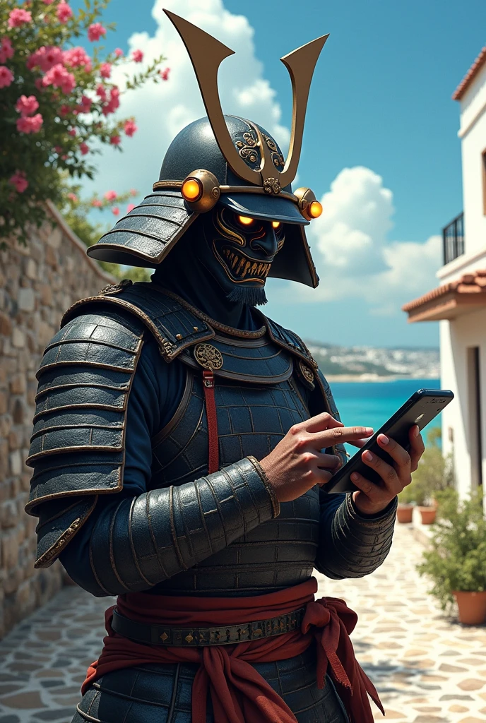 Samurai in Oni mask playing on a cell phone in Greece.