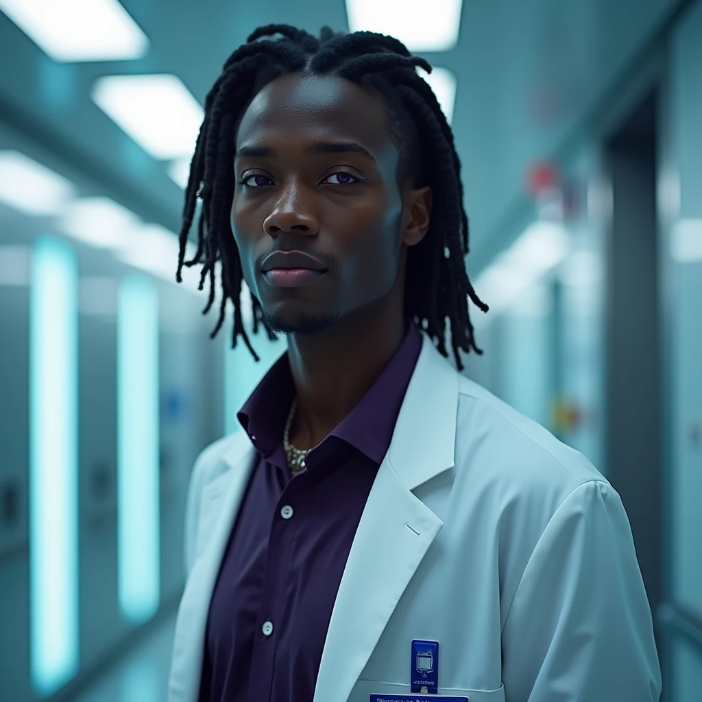 Photograph headshot, ringlets parted to the side hair, very tall French-Nubian featured male model, shaved, toned body, ebony skin, vibrant purple eyes, tall thin toned body. Gentle smile expression. Doctor coat, dark purple shirt, modern sci-fi hospital office.