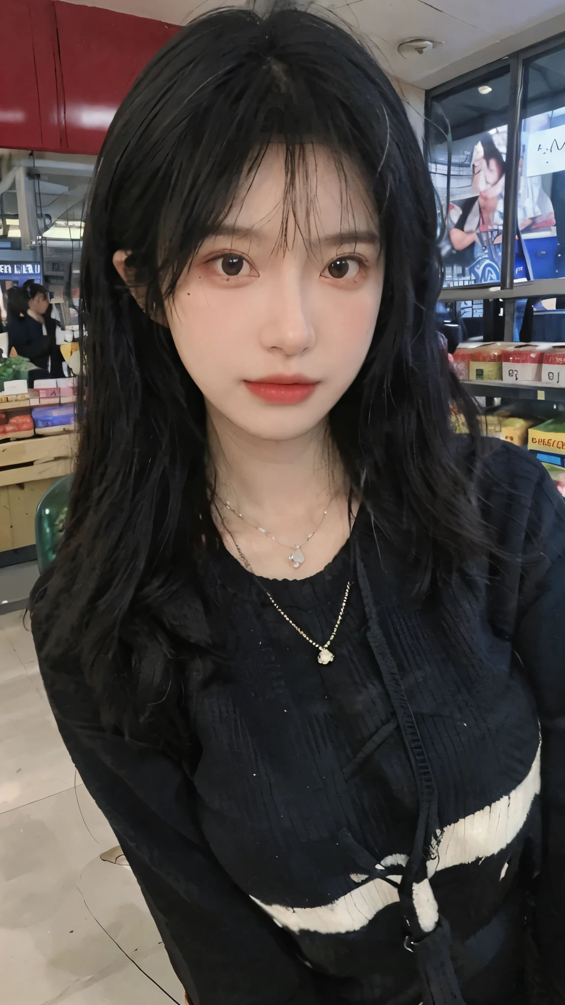 Best quality，Ultra-high resolution,(Realism:1.4)，Cute hairpins，girll,Cropped black sweater，Look directly at the audience，Full of atmosphere，Beautiful woman with a slim figure:1.4，supermarket，whole body，Super delicate face，Exquisite eyes，Double eyelids，necklace