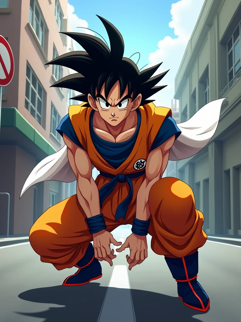 The image is a digital illustration of a cartoon character from the popular anime series Dragon Ball Z. The character is Goku, the main antagonist of the series. He is shown in a crouching position on a street with his arms stretched out in front of him. Goku is wearing his signature yellow and red outfit with a white cape that is billowing behind him. He has a serious expression on his face and his eyes are focused on something in the distance. The background shows a city street with buildings and a no parking sign. The overall mood of the image is intense and dynamic.