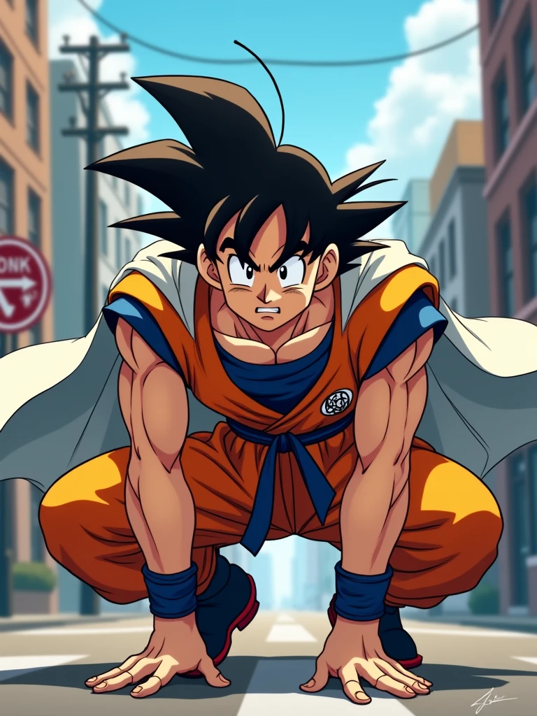 The image is a digital illustration of a cartoon character from the popular anime series Dragon Ball Z. The character is Goku, the main antagonist of the series. He is shown in a crouching position on a street with his arms stretched out in front of him. Goku is wearing his signature yellow and red outfit with a white cape that is billowing behind him. He has a serious expression on his face and his eyes are focused on something in the distance. The background shows a city street with buildings and a no parking sign. The overall mood of the image is intense and dynamic.