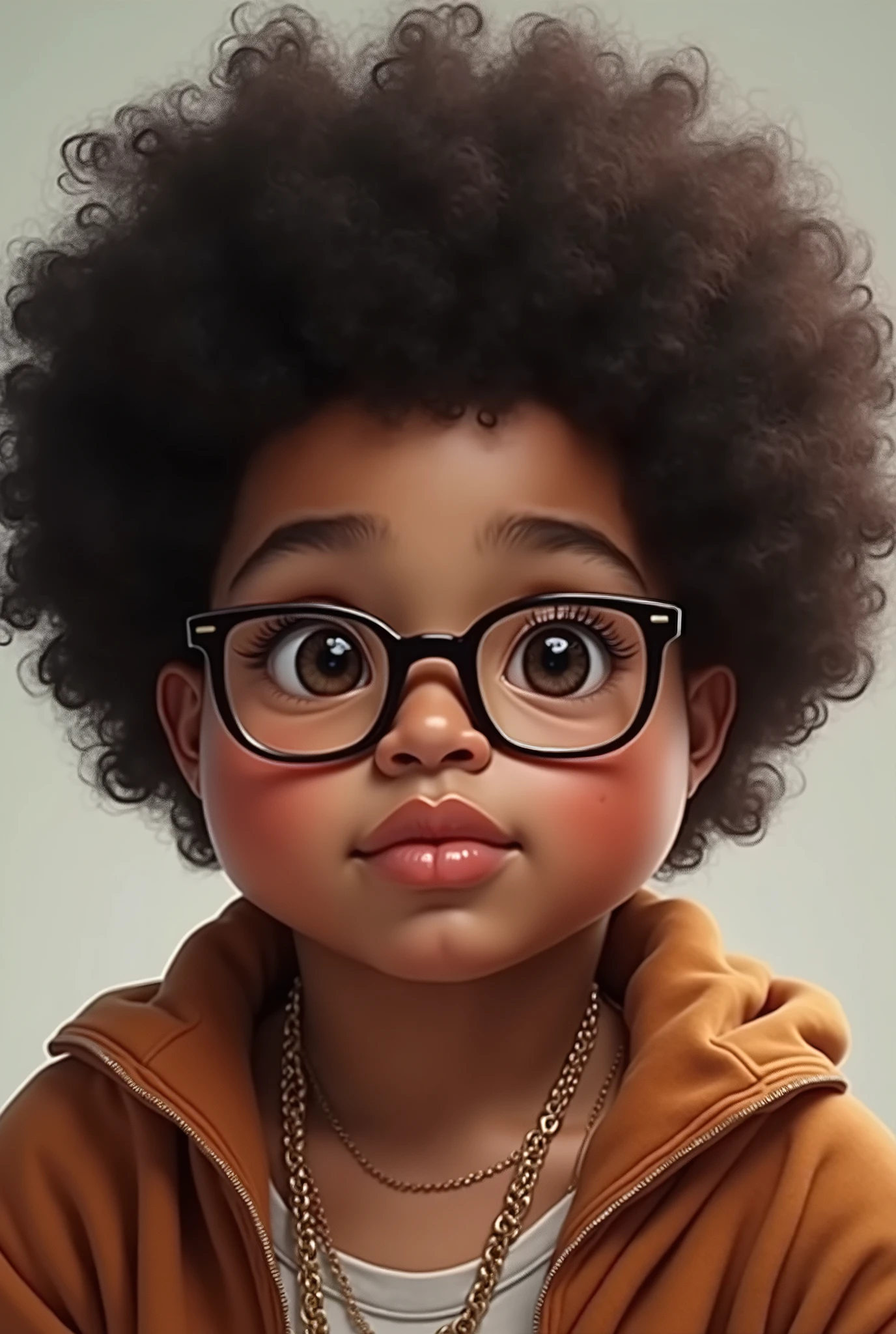 a chubby Afro-descendant with curly hair and fair skin with a fixed gaze and small square glasses who likes rap