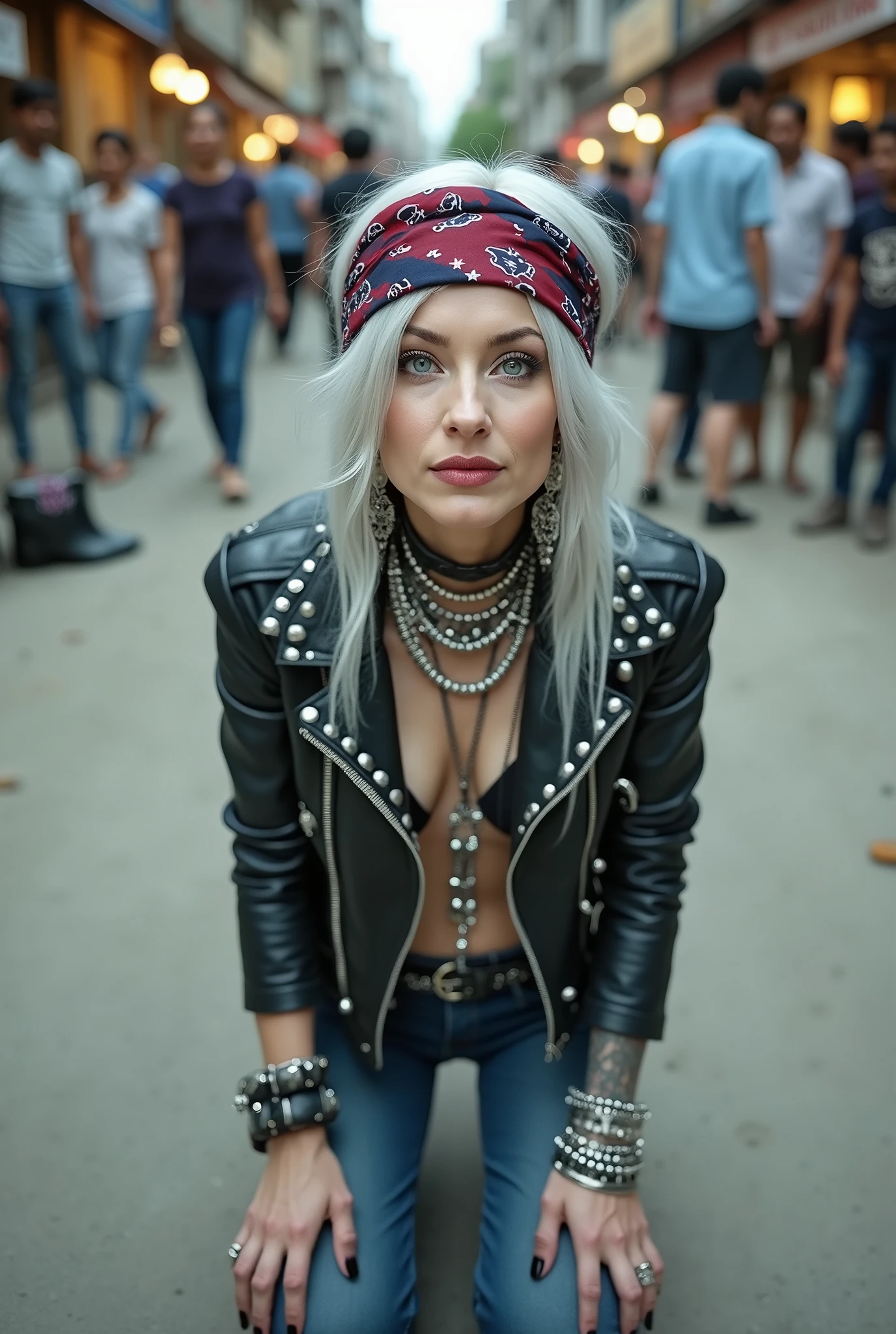 russian old milf woman, grey hair (middle part) and wide colourful bandana as headband, with very light blue eyes, extremely pale. Wearing studded cropped black moto jacket with lots of zippers and pins, nothing under the jacket , dark skinny blue jeans and pointy silver Chelsea boots with cuban heels  . Spiked dog collar.. Lots of metallic bracelets and collars. Tacky wide studded leather belt with oversized skull and bones buckle. Long bohemian earrings. Kneeling like in a payer, looking at the camera, humble facial expression. Hands on her knees, showing off bracelets and rings. studded black leather tote bag with chains on the floor, next to her..  Listening in amazement to somebody speaking to her, toned six pack abdominals, thin neck, slim legs and thin arms. Tattoed heavily.  A lot of people around looking at her, next to her, all her belongings on the floor. Street of India, at night