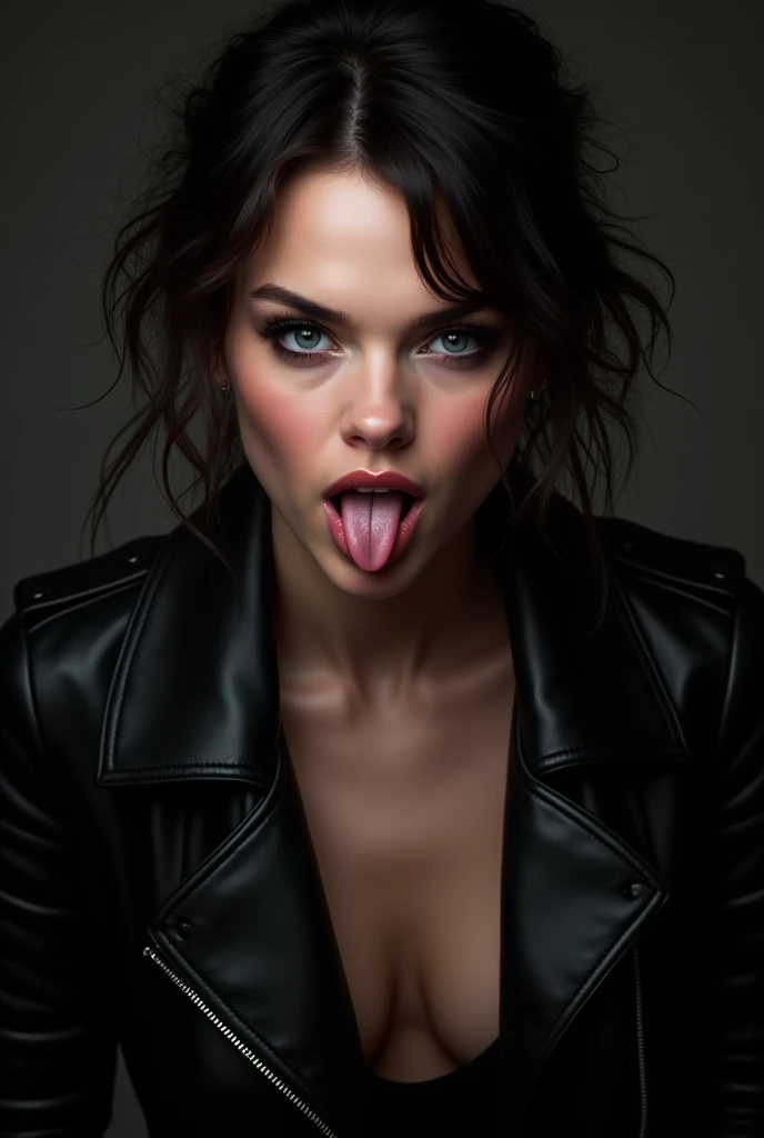 Chloe grace moretz wearing a black leather jacket, try to lick me