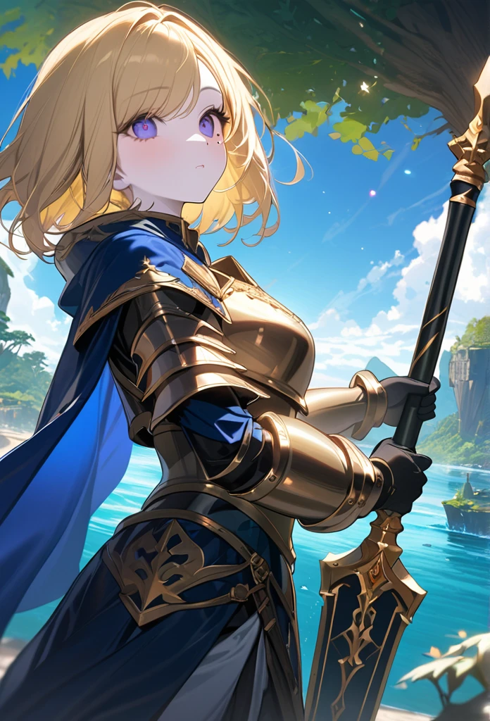 (One Woman),(Best image quality, 32K, masterpiece:1.3),((Blonde,Medium Hair:1.1)),(Swept-apart bangs,Braiding), (Cute eyes, Dark Eyes), (Detailed eyes),(Mole under right eye), (Standard weight), (Glowing Skin:1.1),(Pale skin:1.2),(A fantastic atmosphere),(look up),Ultra-high resolution, Textured skin, Sparkle Effect, adult,Low - Angle,
Holy Knight,Paladin,White plate armor with gold decoration,Black innerwear,Blue Cape,
A richly decorated greatsword,
world Tree,Floating Island,blue sky,Ocean,
whole body,Brave standing,