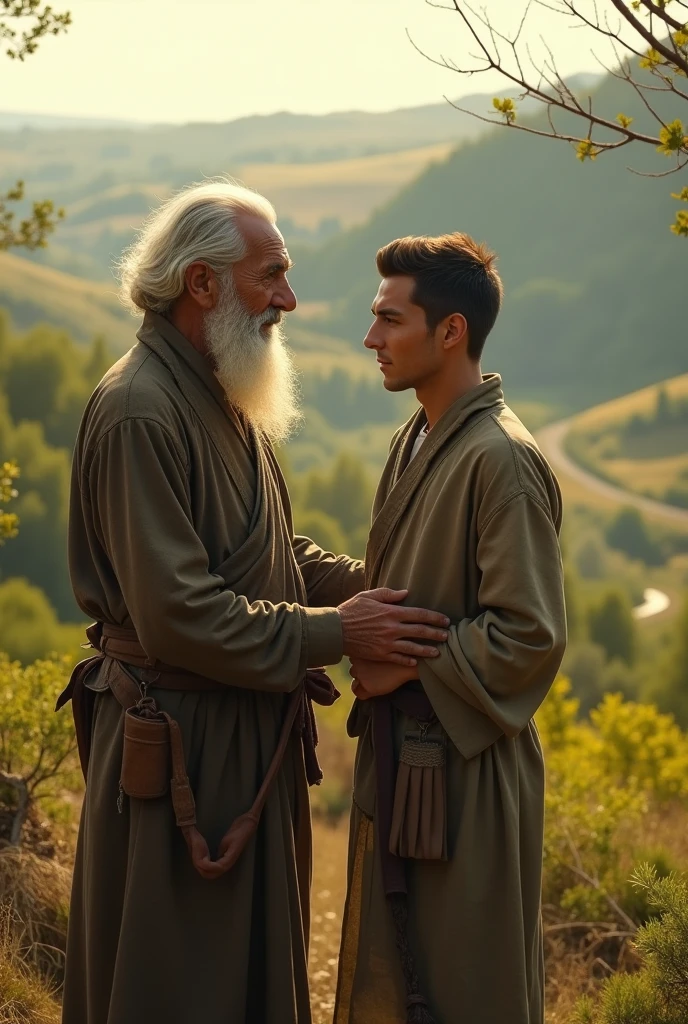 Image of a young man and an old man together in the countryside
, symbolizing the passing of the baton on the field.






