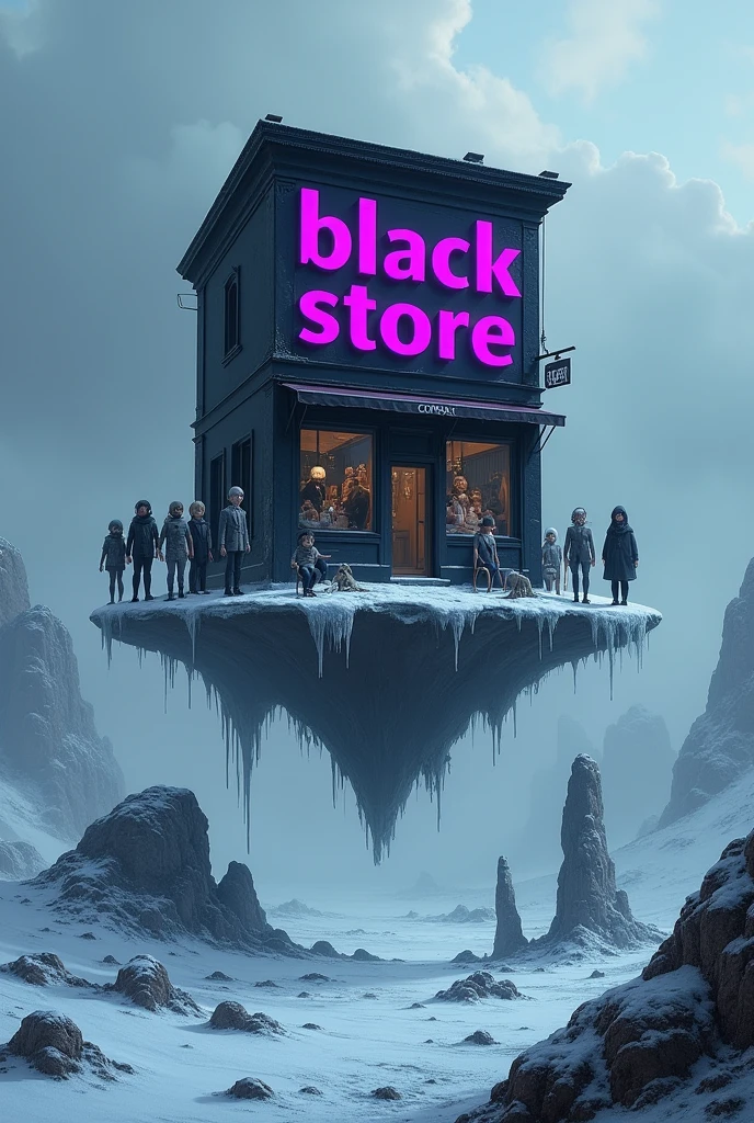 Create an image in a freezing climate and write on the image:black store com as cores impregnantes:purple and black and place it on a floating island with several dolls on top of the island