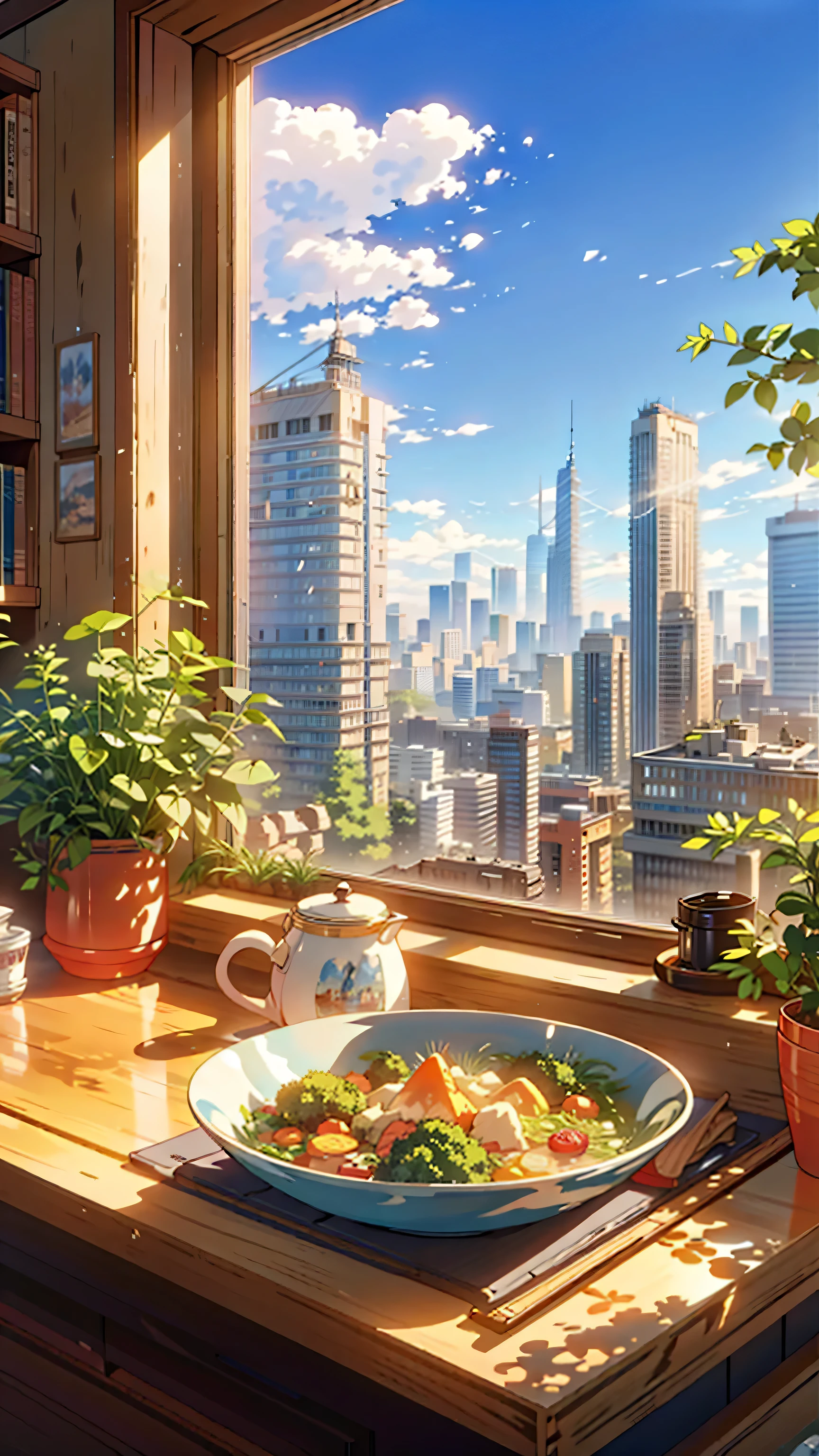 a painting of a bowl of food sitting on a counter in front of a window, hd anime cityscape, anime scenery, anime style cityscape, screenshot from a 2012s anime, cgsociety 9, anime scenery concept art, rio de janeiro in an anime film, still from anime, anime landscape, clean anime art, anime atmospheric, smooth anime cg art, anime background art, anime aesthetic, anime. by makoto shinkai, hd anime cityscape, anime scenery concept art, anime scenery, style of makoto shinkai, makoto shinkai art style, anime. by makoto shinkai, by Makoto Shinkai, by makoto shinkai, anime scenery, kyoto animation, 4k hd,, beautiful art uhd 4 k, a beautiful artwork illustration, beautiful digital painting, highly detailed digital painting, beautiful digital artwork, detailed painting 4 k, very detailed digital painting, rich picturesque colors, gorgeous digital painting, saturated, no human