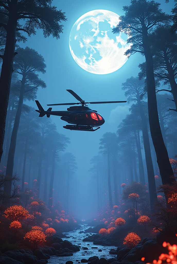 Futuristic helicopter, flying over, enchanted luminescent forest, vibrant iridescent hues, alien fauna, flora that emits bioluminescence, habitat of the N'avi people, ethereal beings, colossal trees, a mountain, full moon, afrofuturism, sci-fi vehicle design, pristine high resolution 8K HDR photography, Pandora inspiration, ultra-fine details
