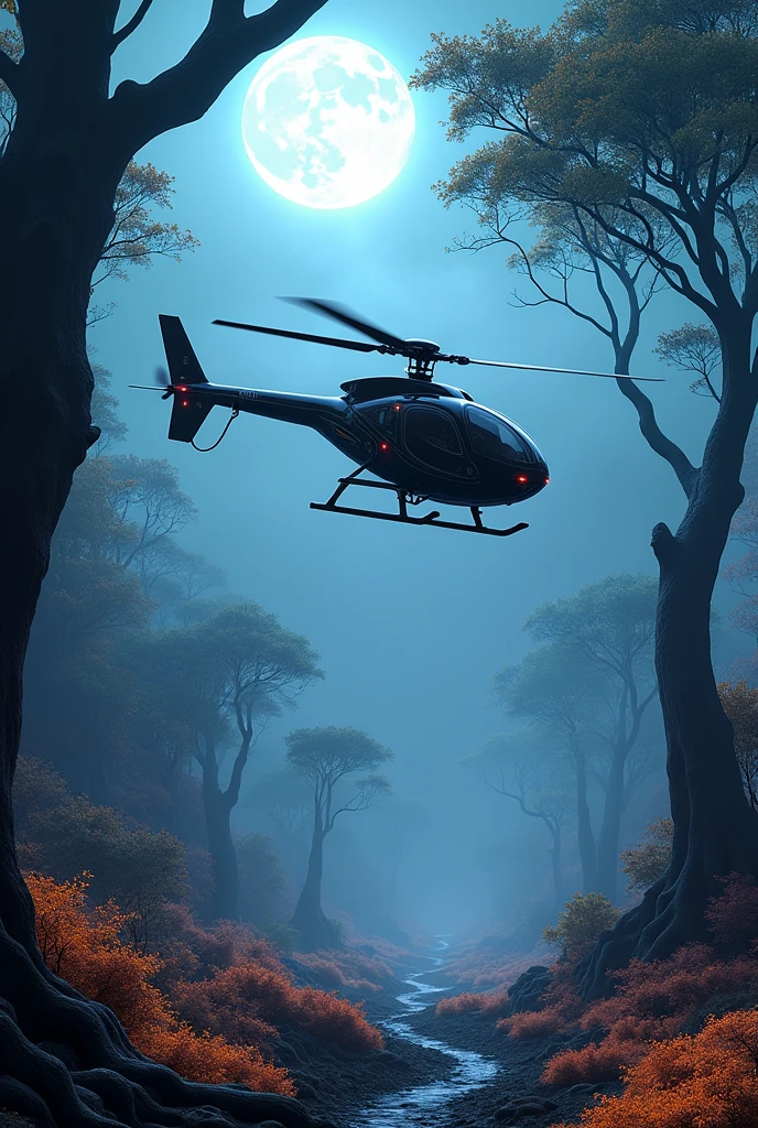 Futuristic helicopter, flying over, enchanted luminescent forest, vibrant iridescent hues, alien fauna, flora that emits bioluminescence, habitat of the N'avi people, ethereal beings, colossal trees, a mountain, full moon, afrofuturism, sci-fi vehicle design, pristine high resolution 8K HDR photography, Pandora inspiration, ultra-fine details