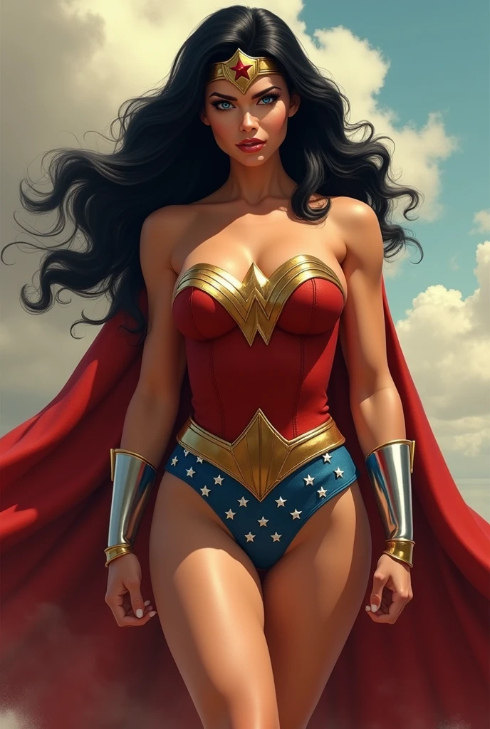 (THICK MUSCULAR ARMS:1.4), (THICK MUSCULAR LEGS:1.4), ( THICK MUSCULAR TORSO AND CHEST:1.4) A MUSCULAR FEMALE, WITH LONG BLACK HAIR, BLUE EYES, WITH A SEXY BODY, WEARING A CLASSIC 1960 LYNDA CARTER WONDER WOMAN COSTUME AND RED CAPE. ABSURD 8K RESOLUTION, INCREDIBLY DETAILED SKIN AND EYES, 