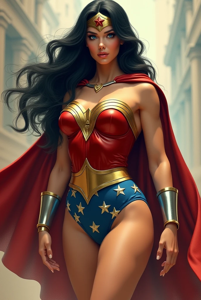 (THICK MUSCULAR ARMS:1.4), (THICK MUSCULAR LEGS:1.4), ( THICK MUSCULAR TORSO AND CHEST:1.4) A MUSCULAR FEMALE, WITH LONG BLACK HAIR, BLUE EYES, WITH A SEXY BODY, WEARING A CLASSIC 1960 LYNDA CARTER WONDER WOMAN COSTUME AND RED CAPE. ABSURD 8K RESOLUTION, INCREDIBLY DETAILED SKIN AND EYES, 