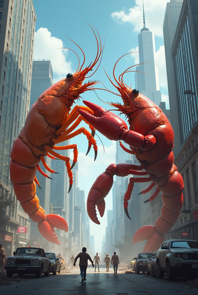 Giant shrimp and giant lobster fighting sideways in a city