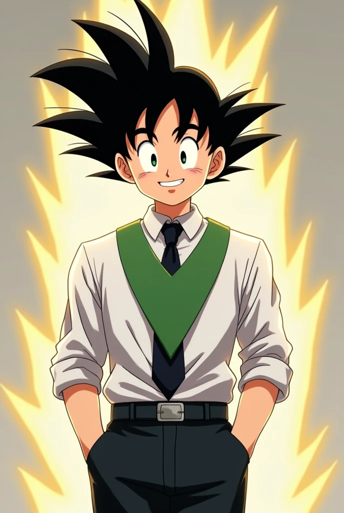 Make Goku with a white dress shirt, Black tie, black dress pants, black belt and black shoes, make him smile and with normal shirt sleeves, put an apron around your neck in the shape of an inverted triangle in green, faça ele super saiyajin