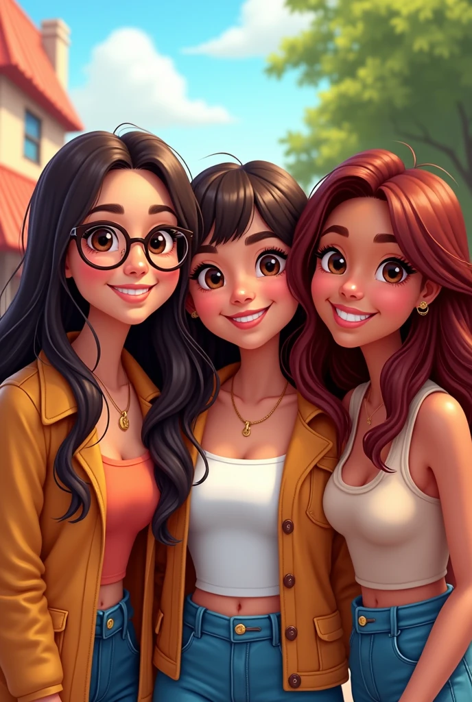 3 friends cartoon version, taking a happy photo together, A Chinese woman with long straight chocolate hair and glasses and brown eyes, The other is Latina, she has dark red hair with wavy bangs that fall to her shoulders, brown eyes, and the other is also Latina and has somewhat dark skin, long, messy wavy hair, her hair is chocolate-colored with red highlights at the bottom of her hair.
