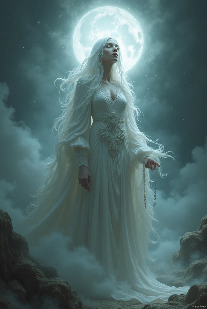Mist Goddess of Piscara, lady of dreams and the depths of the unconscious. She guides mortals through visions and intuitions helping them find the truth.. Cloud clothes. Black celestial. eye white. Chains and hellhounds