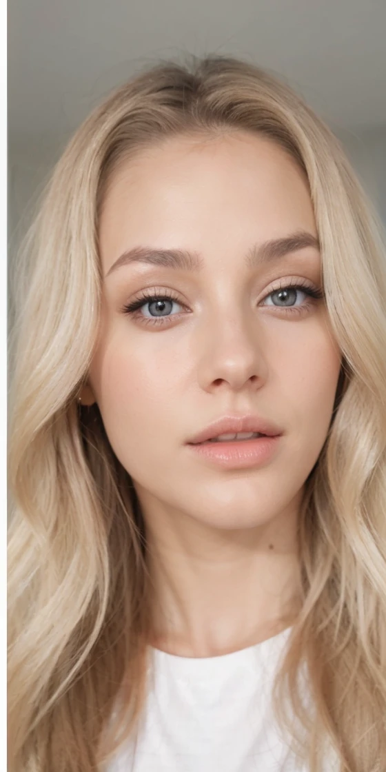 very realistic face of a woman with dark gray blonde eyes 