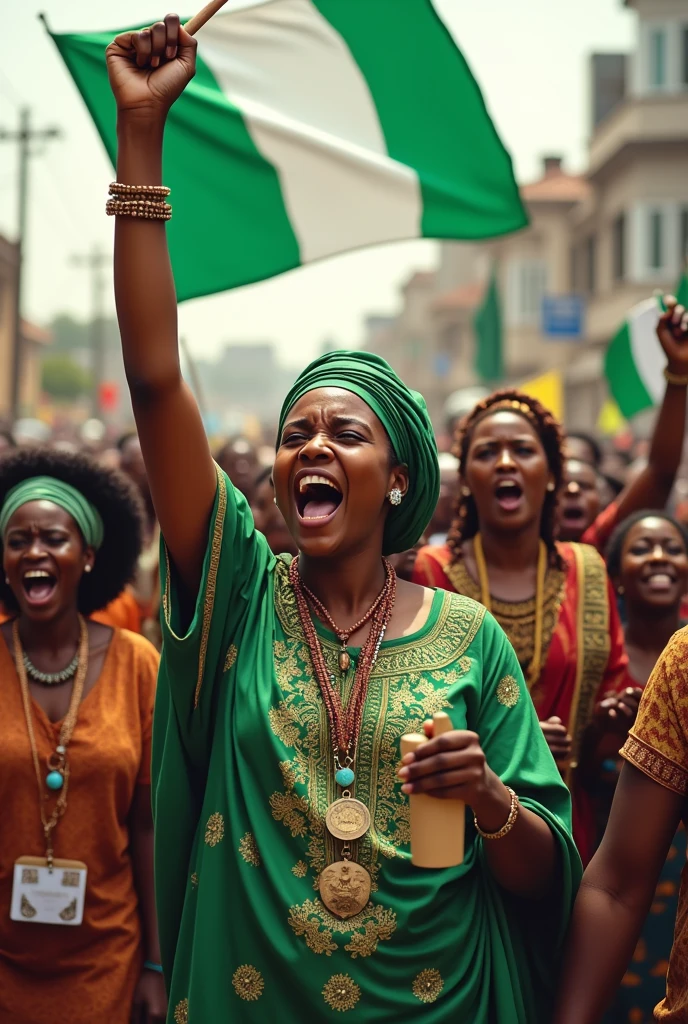 Crowed female and male protest carrying poster that write End Bad Governance In Nigeria Part II 1st October 2024 holding Nigeria flag dress in Hausa traditional cloth