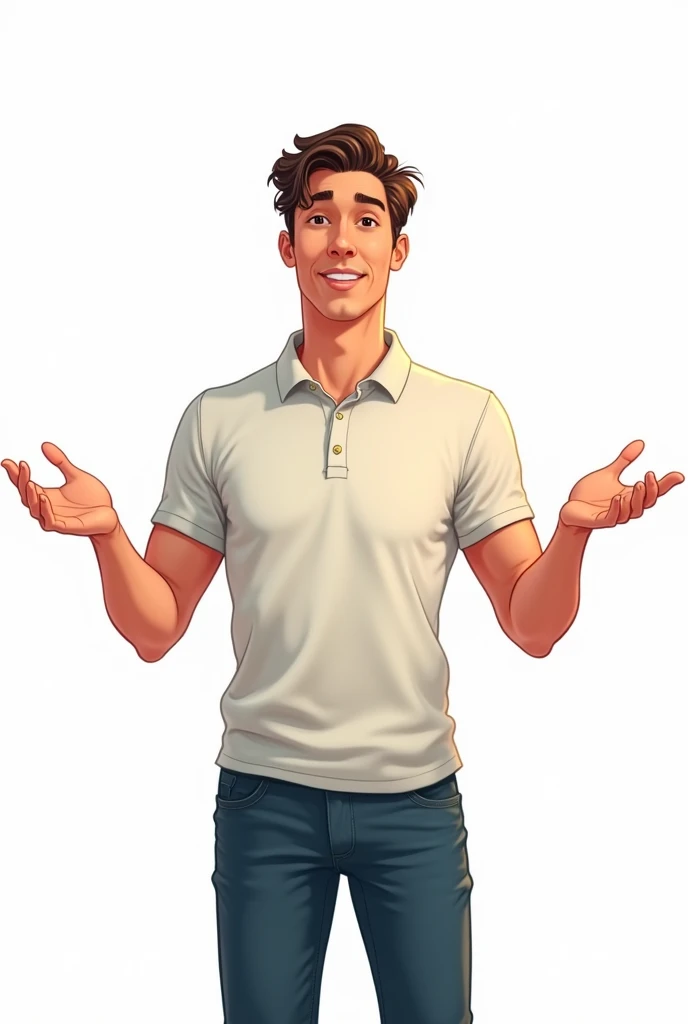 young man standing, wearing polo collar shirt, with both hands open, plates are blank in digital art, comic style, white background