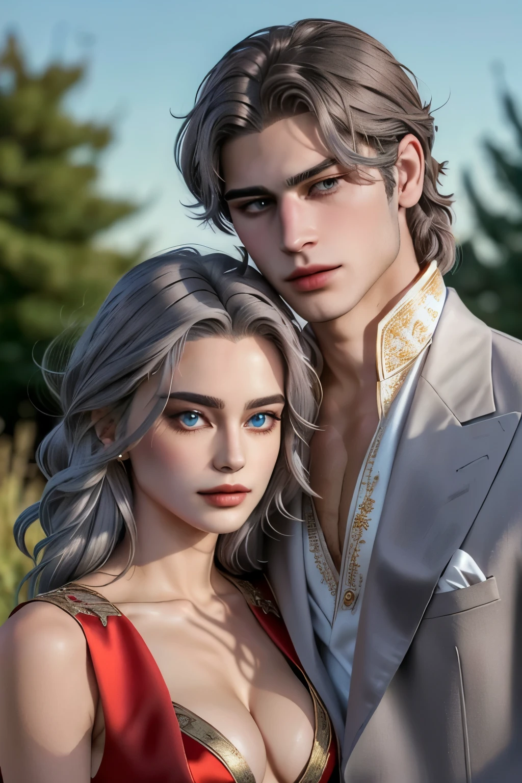((realistic)), (masterpiece), (5K), (best quality), 2d Couple, ((a young gray hair couple)), ((a gray long hair woman , vivid eyes, small boobs, red dress)), brown eyes, ultra well detailed eyes, ((a short gray hair guy, wearing a prince cloth, royal clothes)),((a man with a short hair)), beautiful couple pose, (summer night walk),((perfect eyes))