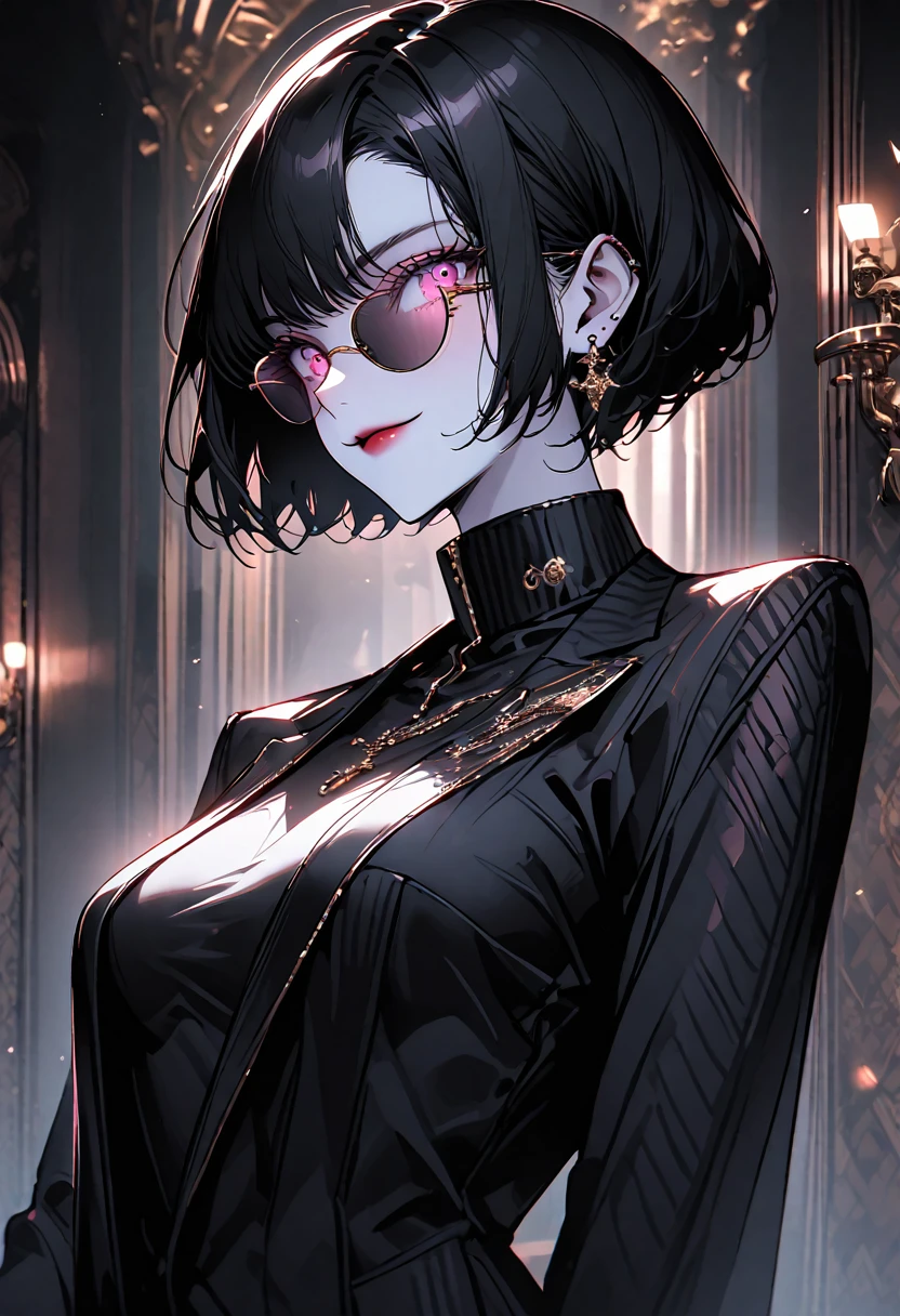 solo, female, tall, elegant, sunglasses, Large breasts, broad shoulders, pixie cut, black hair, pink eyes, pale skin, athletic, very tall, sober feminine suit, black clothes, small smile, full body shot, luxurious hotel, classy, professional, close up