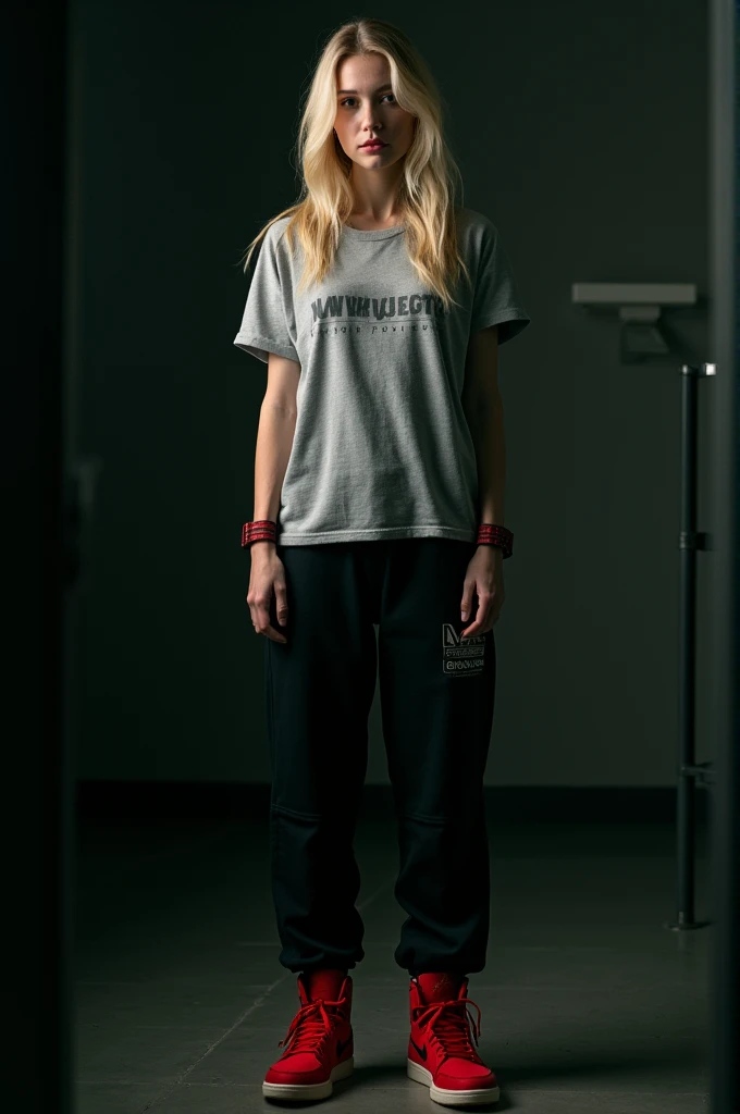 Photo of beautiful blonde woman tied up, standing in a dark room, he wears a light gray shirt, written MV project design with dark gray font color, he was wearing black jogger pants, using red nike air jordan shoes