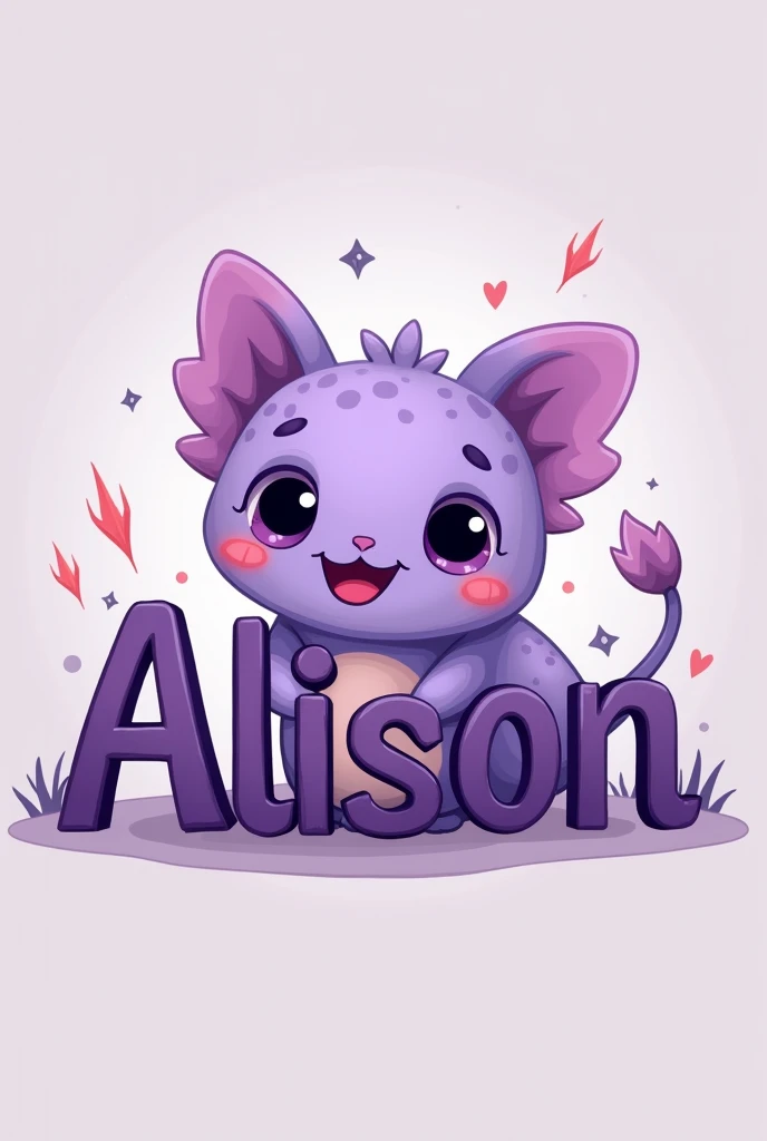 Create a signature with cute letters that says Alison and has a purple Minecraft axolotl behind it