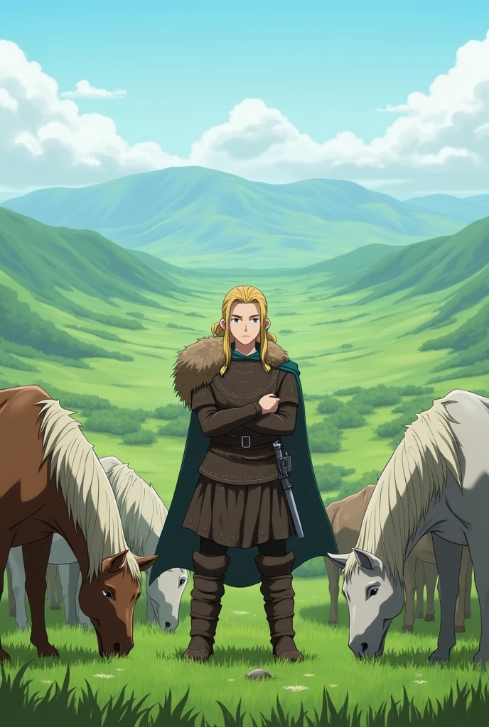 A wallpaper with Thorfine from the anime Vinland saga on a green land with horses 