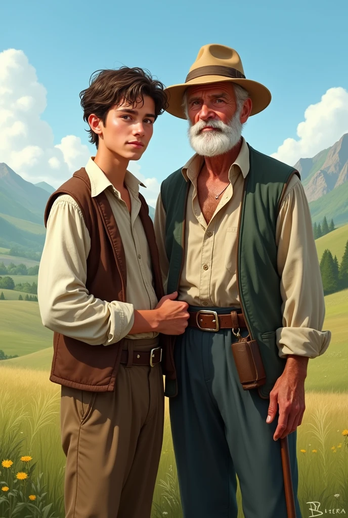 Image of a young man and an elderly man together in the countryside wearing characteristic clothes