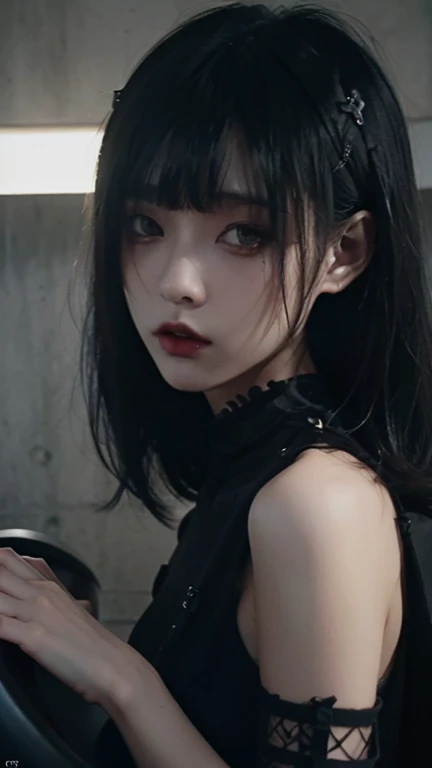 Goth Fashion, Dystopia, Tokyo, Minimum, Harmony, Tranquility, Detailed concrete wall, Cinematic Light, Side light, 1 person, thin, Medium Hair, Diffused, natural skin glow, bangs, Deep Shadow, Gothic Punk, masterpiece, Highest quality, RAW Photos, Sigma 50mm f1.4, Candid, 24-years-old