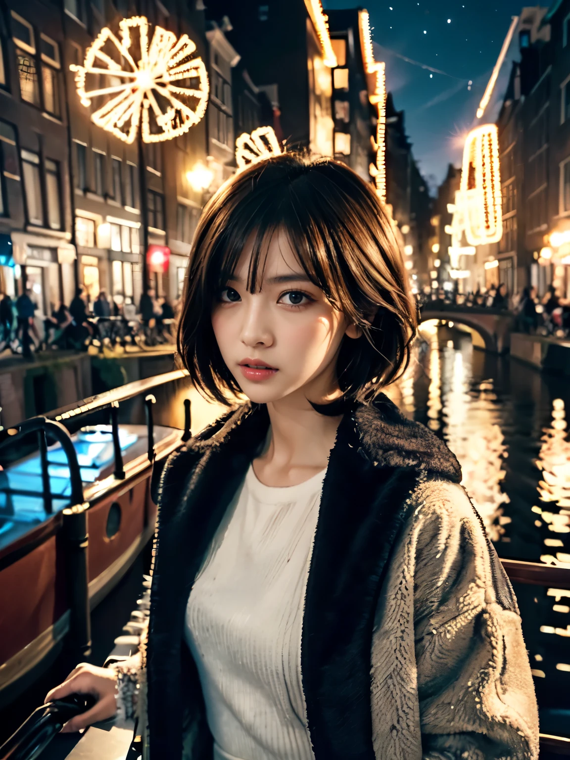 (highly detailed eyes), (((textile shading))), (((best qualthaty))), (((table top))), (((Super detailed CG))), bold girl, (((Girl magician))), (beautiful japanese actress) japanese woman, emo pinup, ((short hair, layer of fur, nice hair)), (((carduroy jacket、mini cart))), ((take a pose)), (((CG game)) (nice, bold, that ), fancy jewelry, A sparkling sky, amsterdam light festival, strong amsterdam light festival atmosphere, cowboy shot, shot in the middle, image centered, looking at the camera,