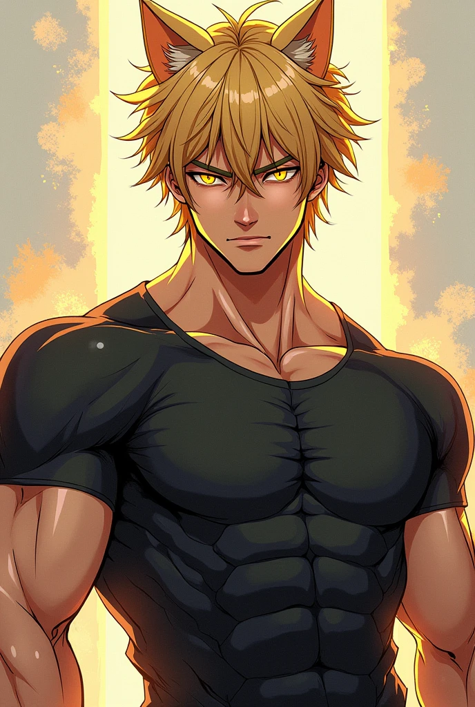 A muscular manga style boy with short blond hair with long bangs and handsome golden cat-eye eyes 