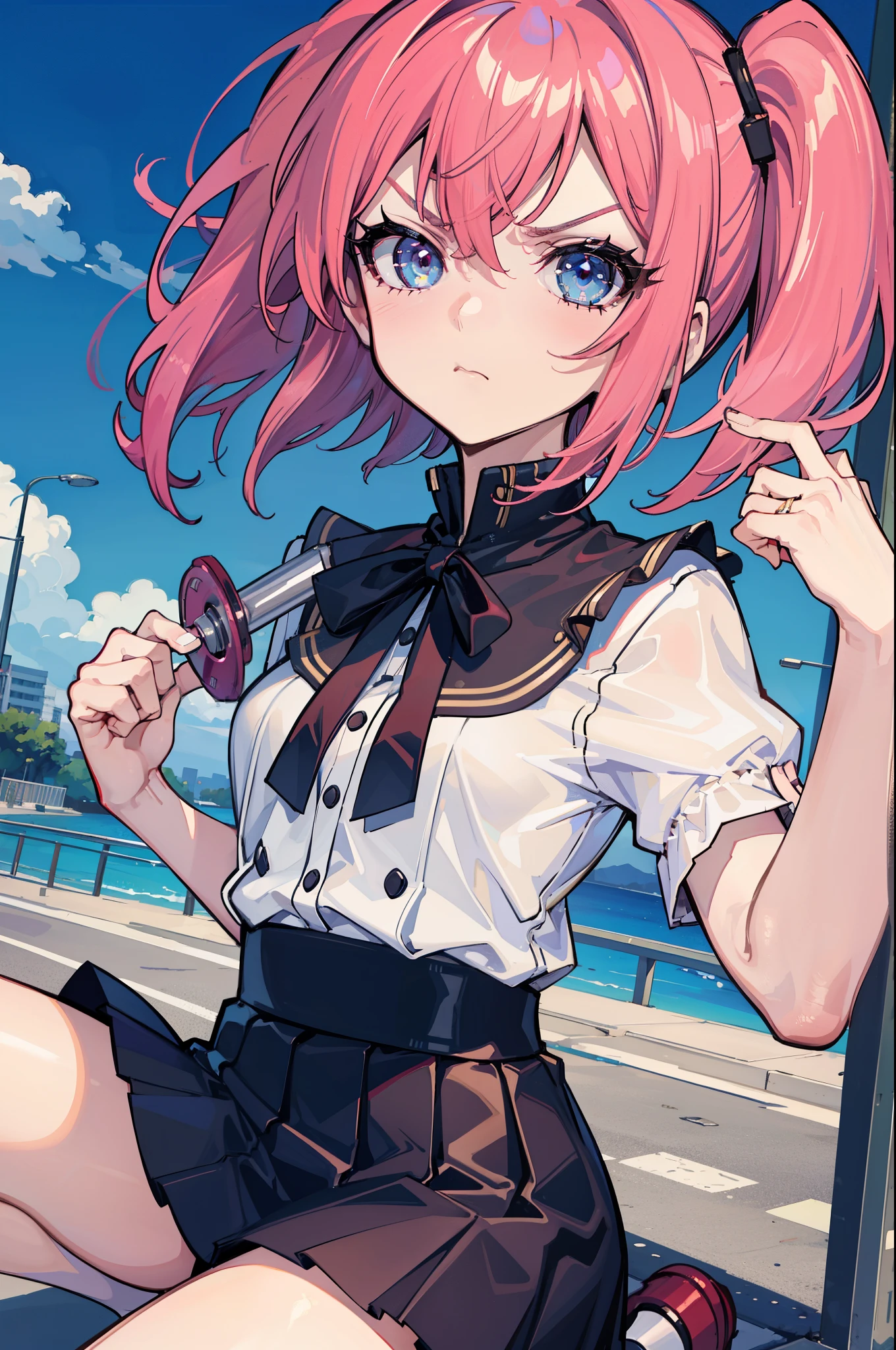 (best quality:1.2), (highest quality:1.2), (perfection:1.1), (flawless:1.1), urban street, 1girl, (disgusted look:1.1), angry look, disgusted mouth, short height, blouse, skirt, (straight hair:1.1), small breasts, (best quality eyes:1.1), highly detailed, 8k, best quality resolution, (most beautiful upscale:1.1)