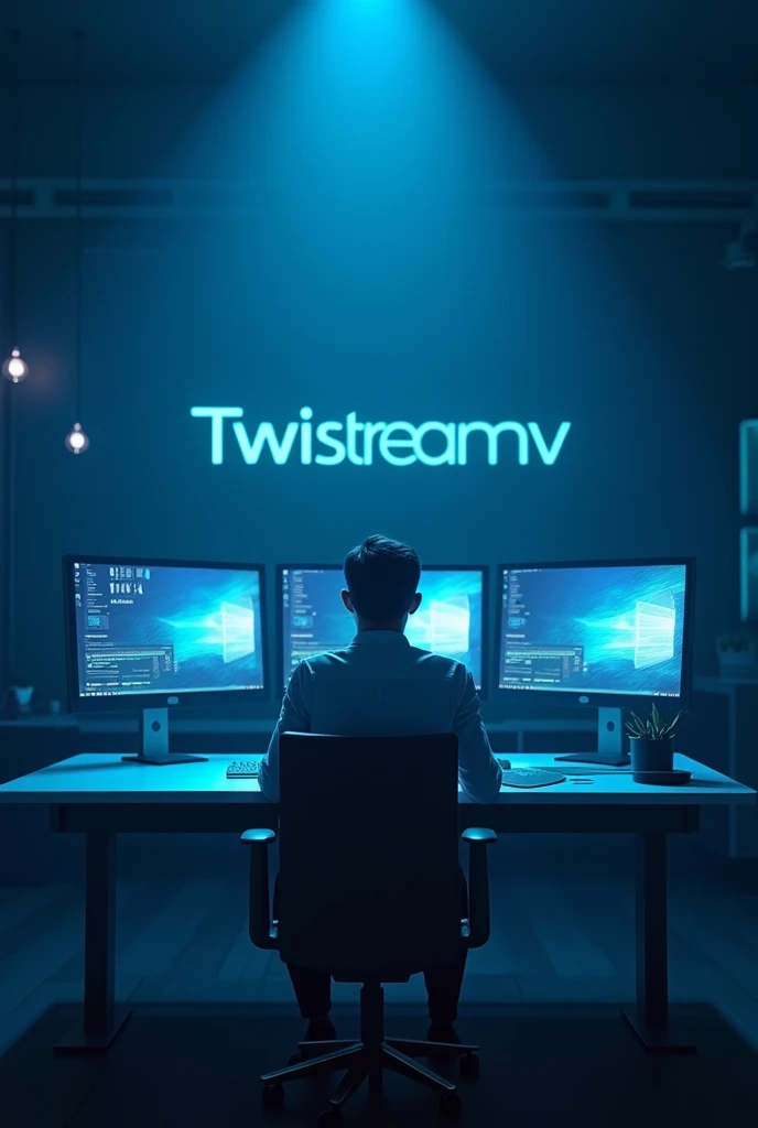 Il y a un homme assis à un bureau avec deux écrans d'ordinateur., éclairage bleu et cinématique, Post-production 8k, Post-production 8K, Éclairage bleu cinématographique, Post-production 8k, Post-production 8K, composition, Cyberpunk Clay, avec éclairage cinéma, éclairage aux couleurs cinématographiques, Prise de vue cinématographique, Rendu 3D 8K tir, Portrait pris en 8Kavec le logo de "Twistreamv en bleu "