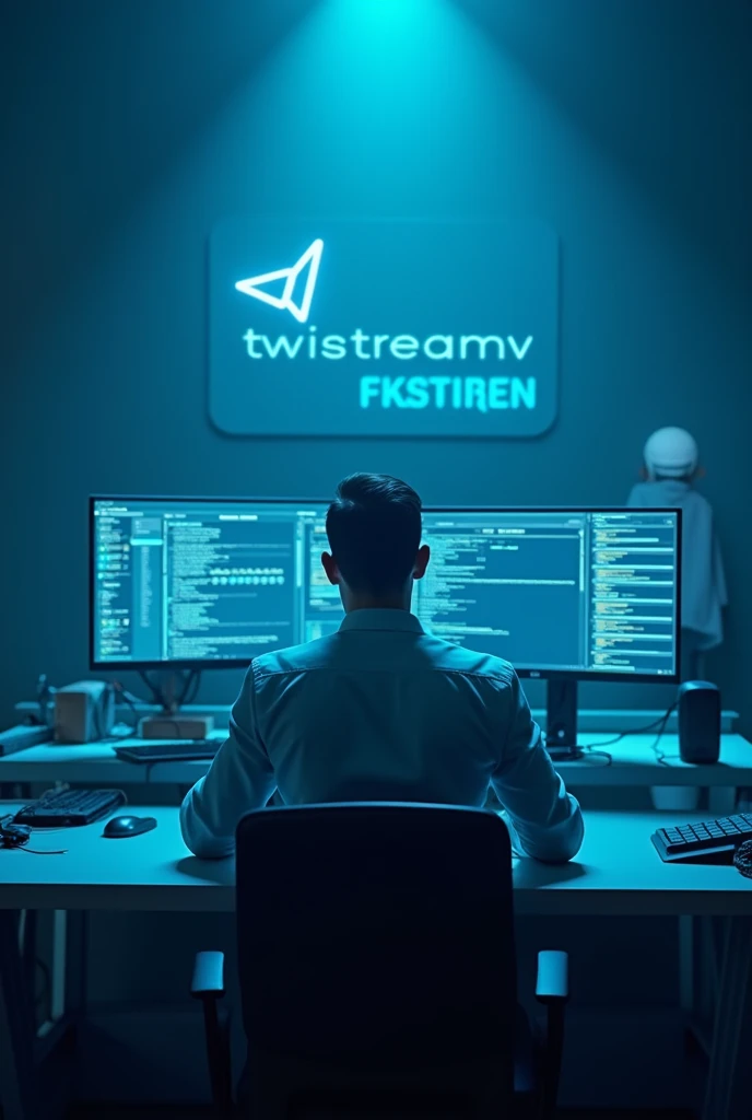 Il y a un homme assis à un bureau avec deux écrans d'ordinateur., éclairage bleu et cinématique, Post-production 8k, Post-production 8K, Éclairage bleu cinématographique, Post-production 8k, Post-production 8K, composition, Cyberpunk Clay, avec éclairage cinéma, éclairage aux couleurs cinématographiques, Prise de vue cinématographique, Rendu 3D 8K tir, Portrait pris en 8Kavec le logo de "Twistreamv en bleu "