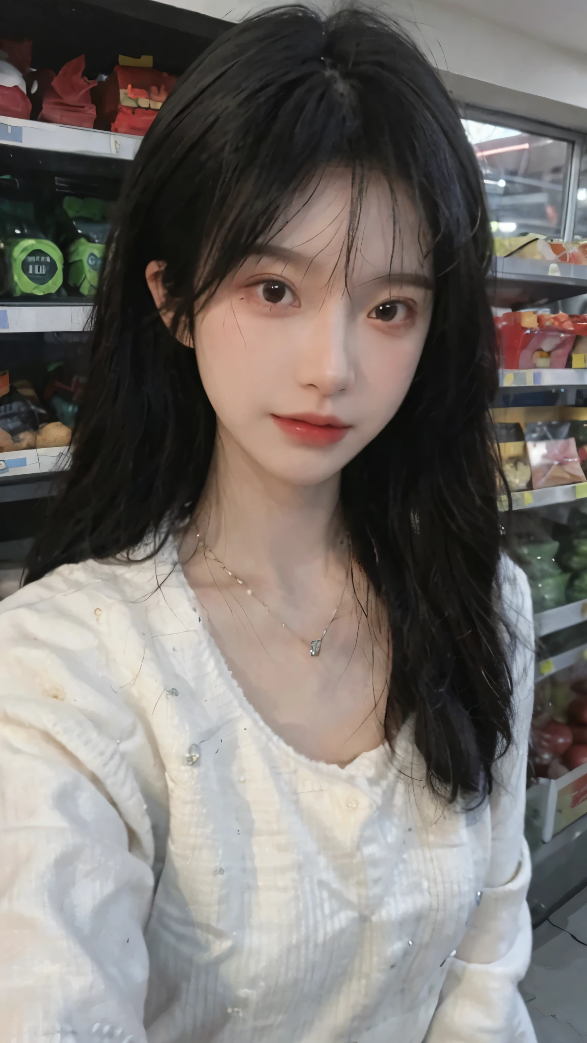 Best quality,Ultra-high resolution,(Realism:1.4),Cute hairpins,girll,Cropped black sweater,Look directly at the audience,Full of atmosphere,Beautiful woman with a slim figure:1.4,supermarket,whole body,Super delicate face,Exquisite eyes,Double eyelids,necklace