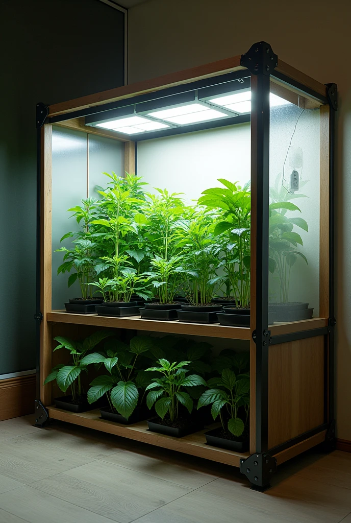 Dimensions: A cabinet for 19 plants can have approximate dimensions of 2m high, 1.5m wide and 1.5m deep. This gives you enough space for plants and equipment..
Materials: You can use plywood or MDF to build the frame.. Both are inexpensive and easy to work with.. Alternatively, A metal frame with plastic panels or reflective canvas can be lighter and stronger..
2. Solar Energy Solar Panels: You will need a solar panel system capable of generating the energy needed for lighting systems., ventilation and irrigation. A 300-500W system may be sufficient, depending on the efficiency of the equipment.
Batteries: A solar battery (around 100Ah) to store the energy generated during the day.
Charge Controller: To protect the battery and electrical systems.
Investor: If the equipment operates with alternating current (AC), you will need an inverter to convert the DC current (DC) from batteries to AC.
3. Automatic Lighting LED Lights: Full spectrum LED lights are efficient and produce less heat. You will need several lamps depending on the size of the closet.. Calculate about 50W per plant.
temporizador Automático: A programmable digital timer that controls the lights according to the phases of plant growth (For example, 18 hours of light for vegetation and 12 hours for flowering).
4. Automatic Ventilation Fans: Install exhaust fans and internal fans to move air. A 6-inch fan for extraction and smaller fans for internal circulation can work well..
termostato: A digital thermostat connected to the extraction fan to automatically turn it on if the temperature inside the cabinet exceeds a predetermined range (For example, 26-28°C).
5. Automatic Irrigation System Water Pump: A small submersible water pump connected to a drip irrigation system.
t