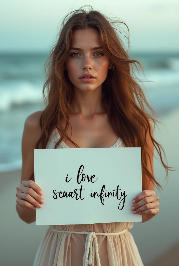 Beautiful girl with wavy long hair, bohemian dress, holding a white board with text "I Love Seaart Infinity" and showing it to the viewer. Without clothes