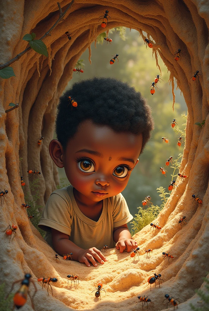 create a drawing of the black boy herding inside the anthill