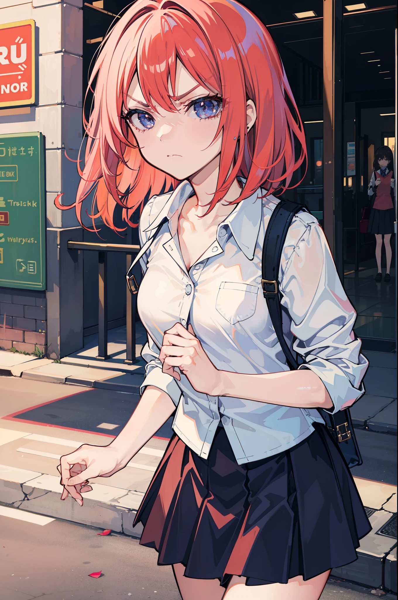 (best quality:1.2), (highest quality:1.2), (perfection:1.1), (flawless:1.1), urban street, 1girl, (disgusted look:1.1), angry look, disgusted mouth, short height, blouse, skirt, (straight hair:1.1), small breasts, (best quality eyes:1.1), highly detailed, 8k, best quality resolution, (most beautiful upscale:1.1)