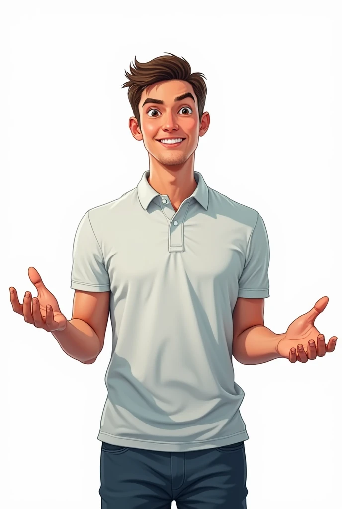 young man standing, wearing polo collar shirt, with both hands open, plates are blank in digital art, comic style, white background