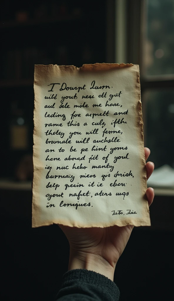 a handwritten note on paper with the text "Cada vez que pienso en ti, no puedo evitar perderme en el recuerdo de tu mirada...", dramatic lighting, moody colors, cinematic composition, imperfections, natural shadows, photorealistic, highly detailed, intricate, sharp focus, masterpiece