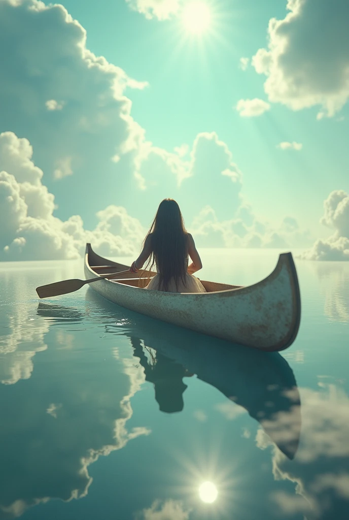 (Magical realism style photo:1.4) of a Native American Indian, with long flowing hair, sailing a canoe in the sky, surrounded by soft, fluffy clouds, under a bright, ethereal daylight, reflections of the canoe and clouds shimmer beneath, creating a surreal and enchanting atmosphere, (wide shot framing:1.2), with the vast sky as the background, subtle light beams breaking through clouds, shot on a Nikon D850 with a wide-angle lens, (in the style of Gregory Crewdson:1.3)