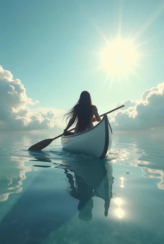 (Magical realism style photo:1.4) of a Native American Indian, with long flowing hair, sailing a canoe in the sky, surrounded by soft, fluffy clouds, under a bright, ethereal daylight, reflections of the canoe and clouds shimmer beneath, creating a surreal and enchanting atmosphere, (wide shot framing:1.2), with the vast sky as the background, subtle light beams breaking through clouds, shot on a Nikon D850 with a wide-angle lens, (in the style of Gregory Crewdson:1.3)